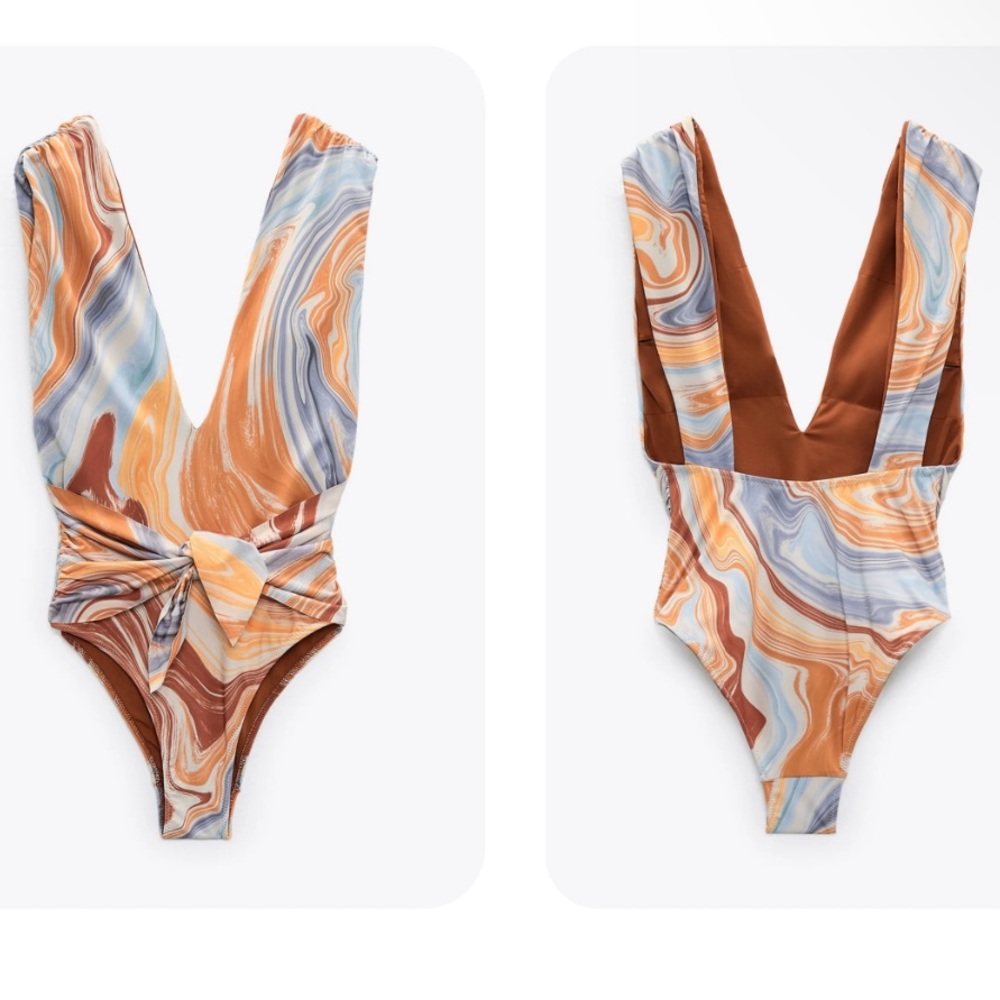 Zara Marble-Print One-Piece Swimsuit in Brown, Blue & Cream - Picture 1 of 10